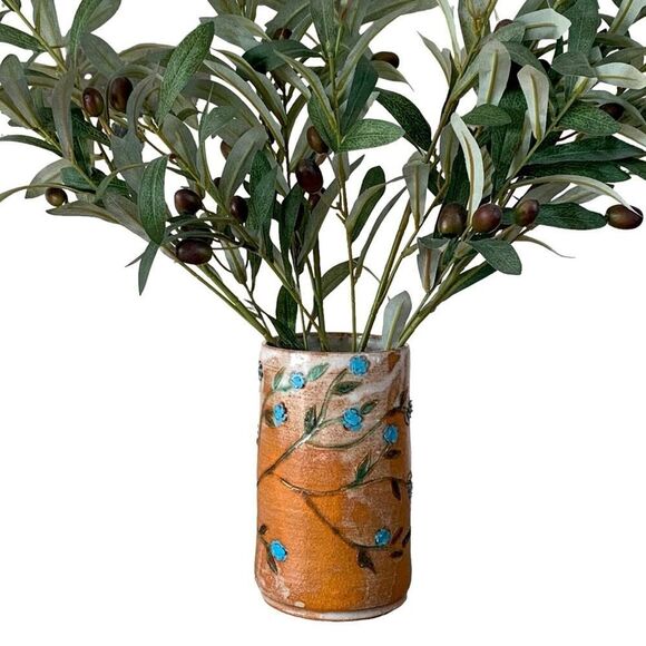 Vintage Schau Pottery Clay Glazed Floral Handmade 3D Vase Terracotta Blue 7”H - Picture 1 of 12